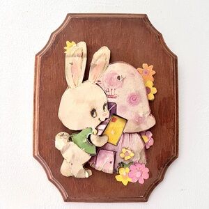 Vintage 3D Paper Art on Wooden Frame of Bunny and Mushroom Mail